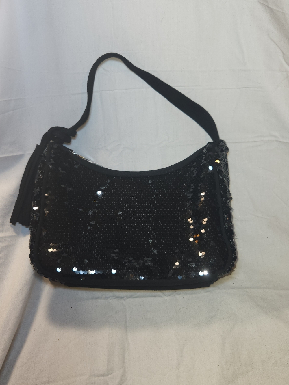Black Sequin Shoulder Bag with Tassel Accent